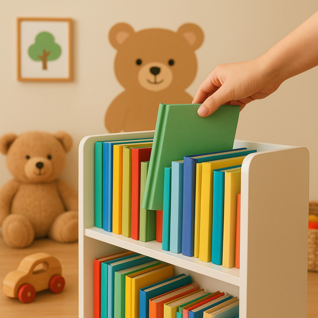 아이 방의 정리된 상태를 보여주는 장난감과 책으로 가득한 수납장 이미지.