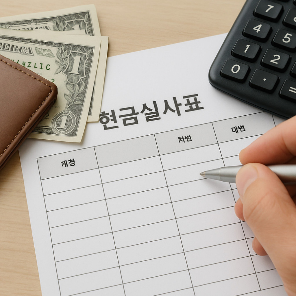 현금실사표를 작성하는 과정과 유의사항을 시각적으로 설명하는 대표 이미지.