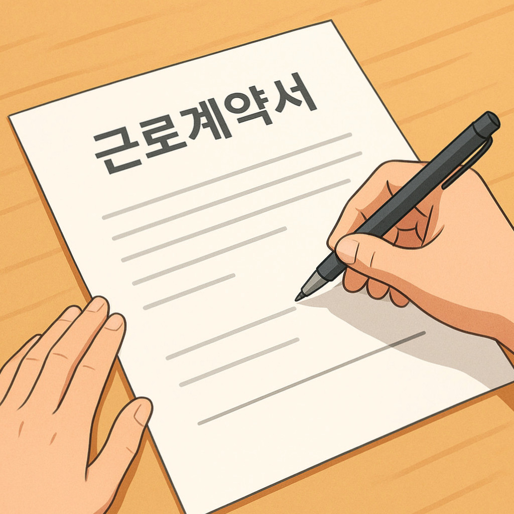 근로계약서 작성에 대한 시기 및 주의사항을 강조하는 배경 이미지로, 계약서와 관련된 서류들이 깔끔하게 정리된 모습.