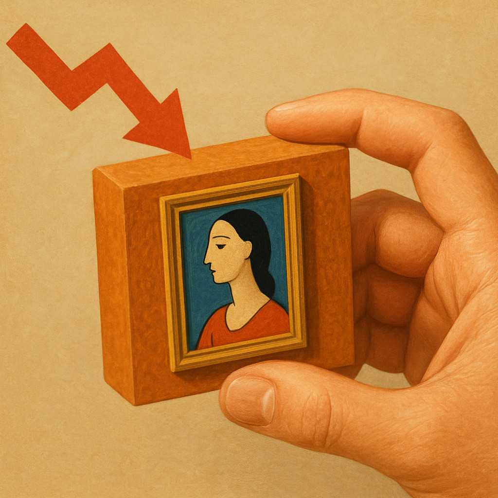 미술품 조각투자의 개념을 설명하는 시각적 요소로, 다양한 미술품이 나눠져 소유되는 모습을 나타낸 이미지.