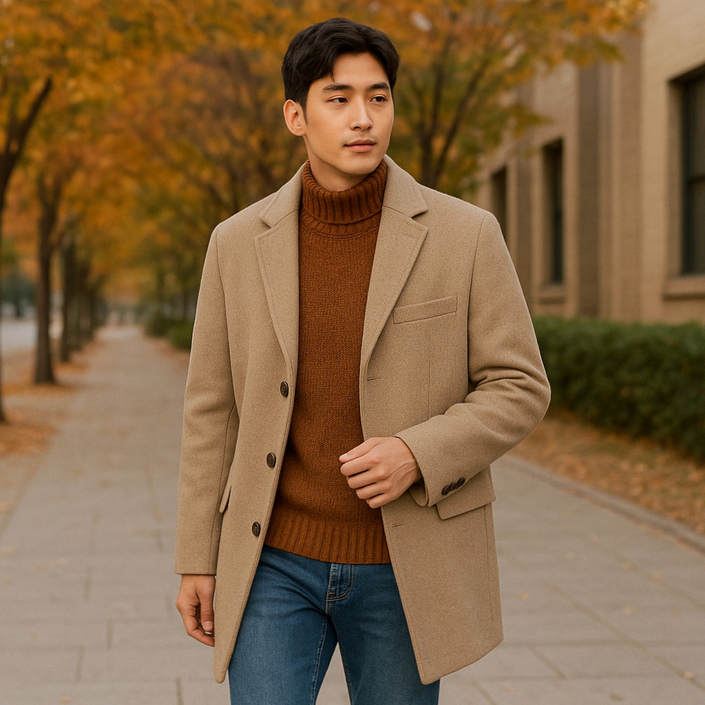 프로스트제이 데님에 코트와 니트를 겹쳐 입고 가방과 스카프, 플랫으로 마무리한 가을 데일리룩 코디입니다.