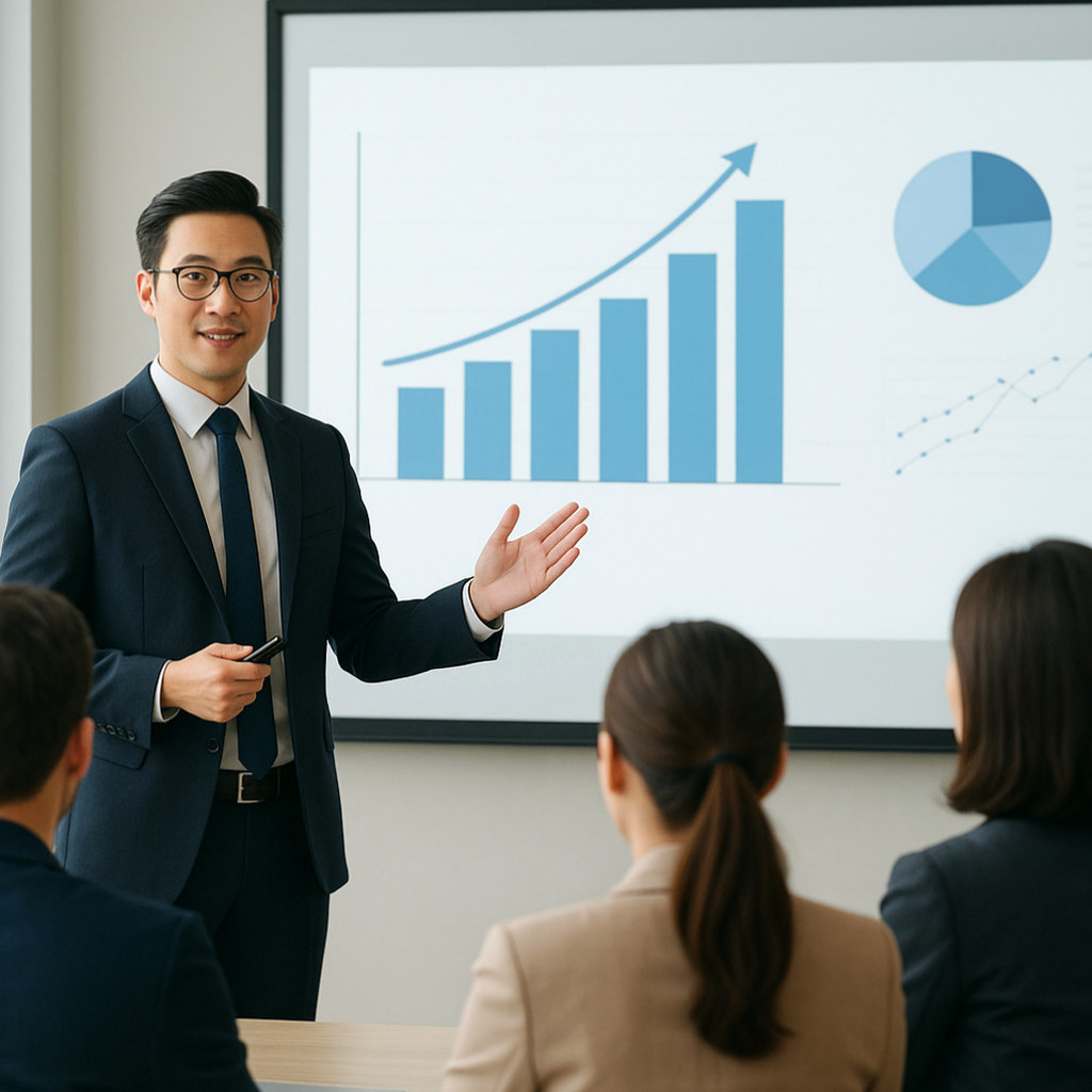 영업직 대상 강연에서 강사가 고객 설득 전략과 현장 적용 사례를 설명하고 참석자들이 경청하는 모습입니다.